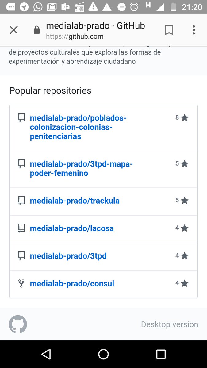 Repositorios más populares de <a href="/medialabprado/">Medialab Prado</a>: proyectos de los talleres de #periodismodatos <a href="/MPoder_Femenino/">Mapa Poder Femenino</a> <a href="/TerritorioDatos/">Territorio de Datos</a> @trackulaORG