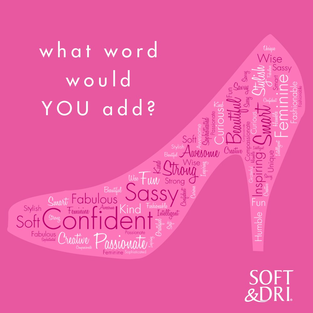 softanddri's tweet photo. Confident, Strong, Beautiful… what words would YOU add to our stiletto word cloud to describe yourself? Let us know in the comments for a chance to win a set of Soft &amp; Dri products to keep you feeling like the fabulous woman you are. #SoftnDri #Giveaway #Win https://t.co/mF3csqBYoX