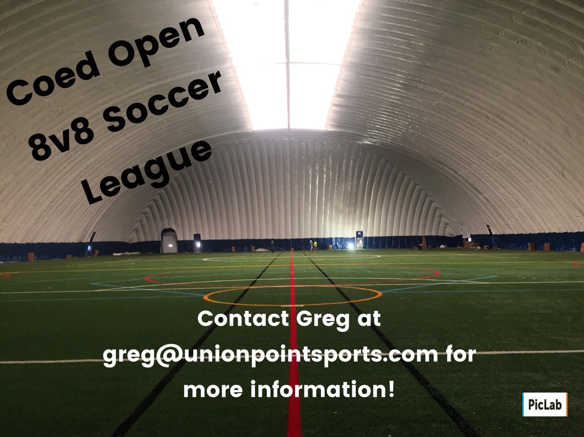 UPSportsPlex's tweet photo. Men's Open 8v8 Soccer League begins play on Wednesday, January 10th with games at 7:00, 8:00, 9:00 &amp; 10:00 PM! #UnionPointSportsComplex

AND 

Coed Open 8v8 Soccer League begins play on Friday, January 12th with games at 7:00, 8:00, 9:00 &amp; 10:00 PM! #UnionPointSportsComplex https://t.co/l9LgaBTn8F