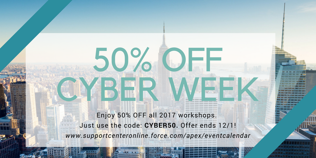 SupportCenterNY's tweet photo. Enjoy 50% OFF all 2017 workshops! Offer ends 12/1 - don't miss out! #cyberweek #scworkshops https://t.co/CFYyAKc7Jj https://t.co/YFUomWE7h3