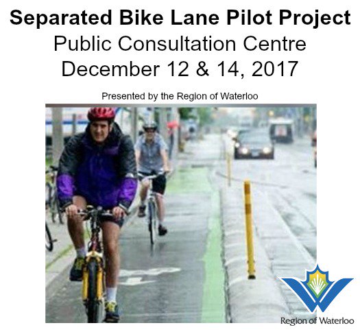 RegionWaterloo's tweet photo. The Region of Waterloo would like your input on the Separated Bike Lane Pilot Project.
Register on Eventbrite for the following dates:
December 12, 5 – 8 p.m. https://t.co/LUc9uv0NOu
December 14, 5 – 8 p.m. https://t.co/KJR0vreTke https://t.co/yDungvTEXl