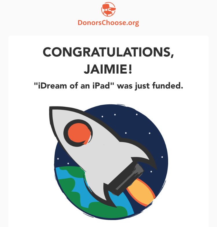 DemarcoJaimie's tweet photo. WOW π€ what a great way to end this month of thanks and start a month of giving tomorrow. An unknown donor fully funded my @DonorsChoose project for an iPad, bringing the gift of technology to my students!! I'm thankful & speechless #NovThanksChallenge https://t.co/NemKp5zAlS