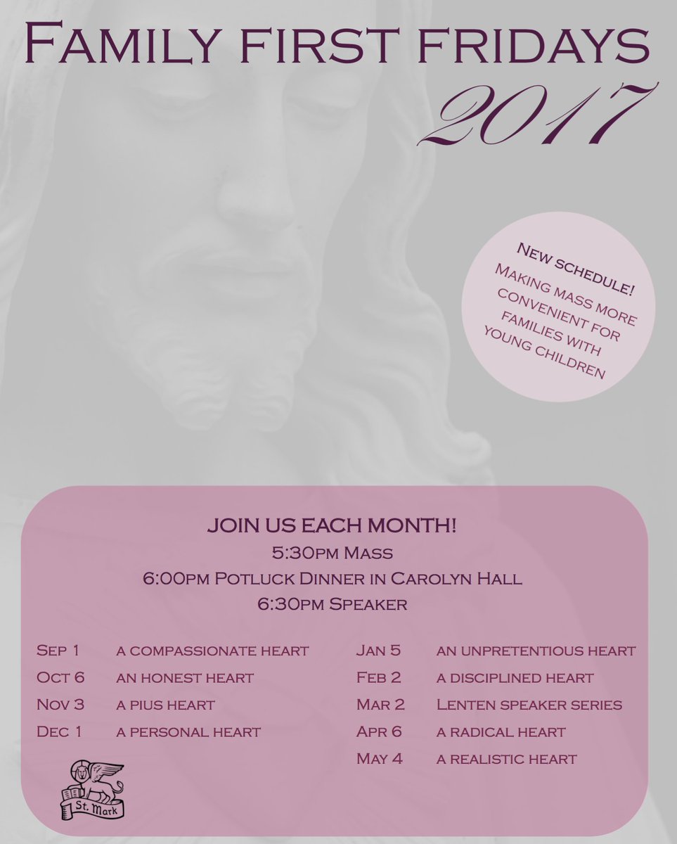 StMarkMN's tweet photo. Family First Friday is tomorrow! Mass will begin at 5:30pm. Following the mass will be a potluck dinner and talk, "A Personal Heart". Hope you can join us! https://t.co/ay6JzscK6K