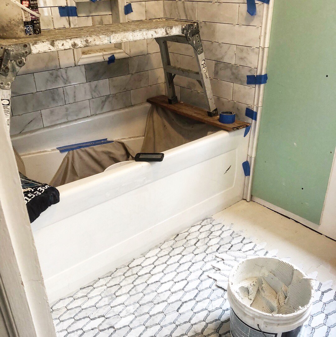 Build_KG's tweet photo. Working on this bathroom project this afternoon for a client. You can already tell it’s going to turn out beautifully. 🚿 
__________________________
#showerremodel #bathroom #shower #contractor #remodel #build #nashville #tennessee 
__________________________ https://t.co/pPcKbwDsdB