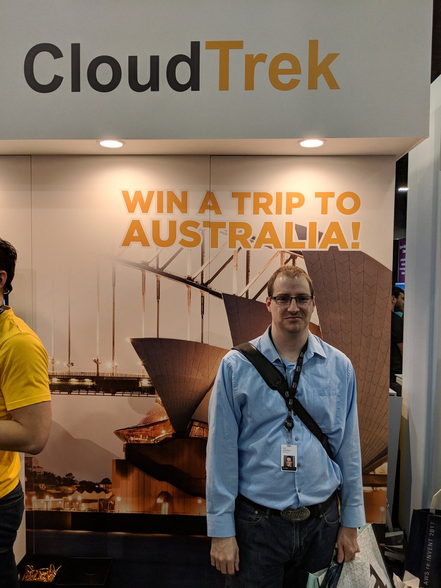 Zxurian's tweet photo. I'm in to win a trip to Australia at #aws #reinvent. Thanks to @cloudtrekau #cloudtrek booth 933. https://t.co/UhKBMMdxgU