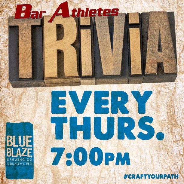 BlueBlazeBrew's tweet photo. Starting tonight at 7:00, TRIVIA is back at #BlueBlaze & will be hosted by our friends Bar Athletes. Play for pride, prizes, or glory! Pitchers are $2 off & the free smores are stocked!
#ncbeer #scbeer #cltbeer #trivia #clttrivia #exploreclt #704 #cltevents https://t.co/zc8dANjvFz