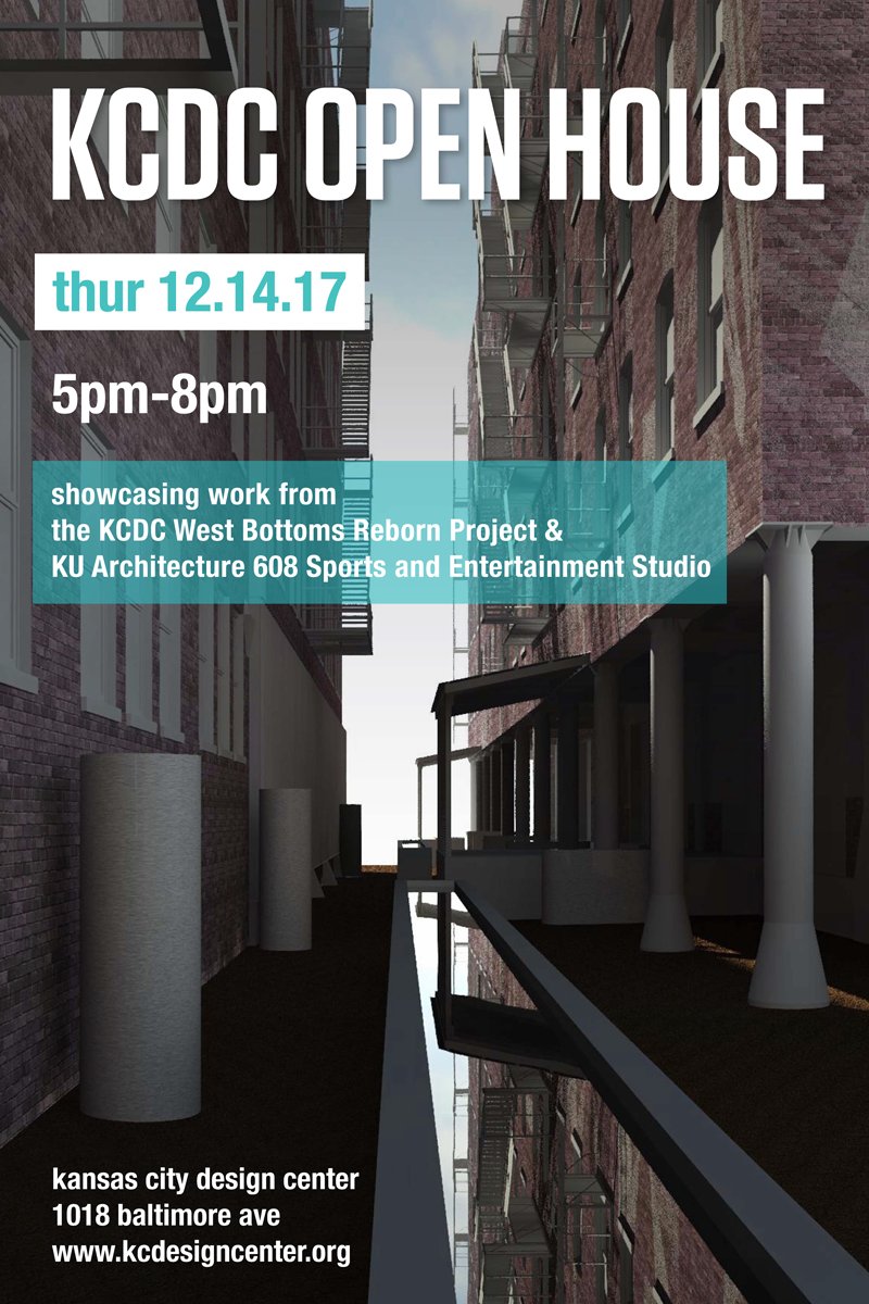 Please join us on 12.14 from 5pm-8pm @ the KCDC for our Open House! KCDC students will be presenting work from the 2nd phase of the West Bottoms Reborn project, and the <a href="/ArcD_KU/">KU Architecture & Design</a> 608 Sports and Entertainment Studio will also be presenting work  goo.gl/YQ9yom