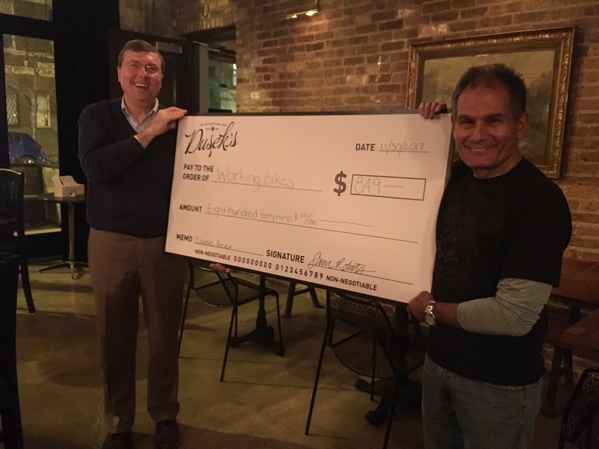 tackroomchicago's tweet photo. Weโre thrilled to have raised money for @WorkingBikes through #CauseBeer, and even more thrilled to have them here to celebrate! Next time youโre at @DuseksChicago, ask your server about our #CauseBeer program so you can help support local #charities. @16occhicago https://t.co/wY63m1pinR