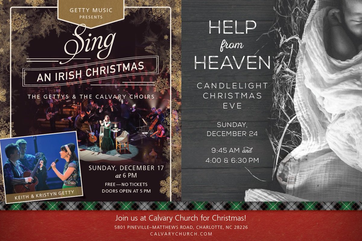 CalvaryCLT's tweet photo. Have you picked up some of our 2-in-1 invitation cards for the upcoming @Gettymusic Gettys concert &amp; Christmas Eve? They're a great way to invite others! Help us get the word out--everyone is welcome! https://t.co/J00AKtUHX3 #HelpfromHeaven #SingAnIrishChristmas https://t.co/P0CGZcTqSA