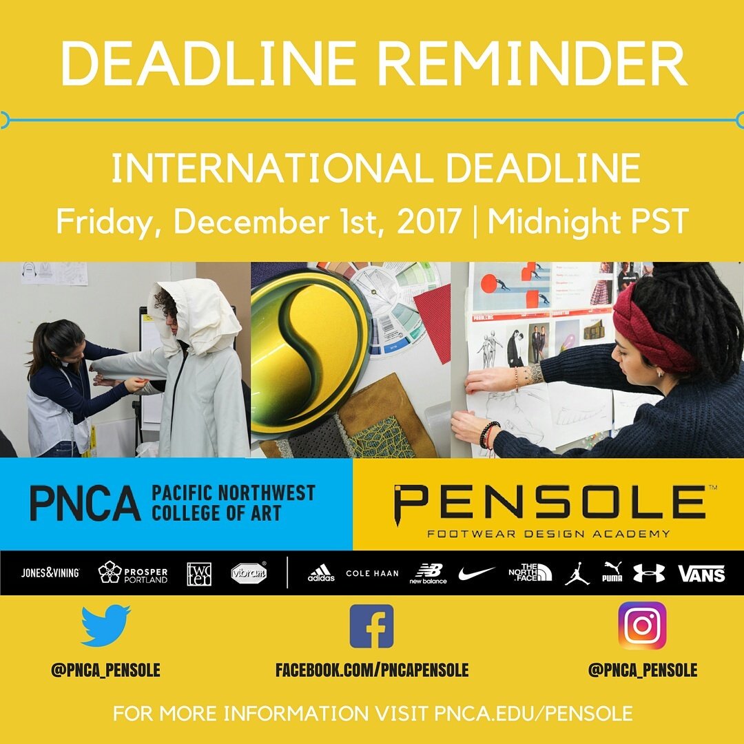 Tomorrow at 11:59pm PST is the last day for international students to apply for the PNCA | PENSOLE Spring '18 Design Intensive!

Choose 1 of 3 design tracks: 

Color and Materials 

Footwear 

Functional Apparel and Accessories 

Apply at pnca.edu/pensole 
#pensole #pnca