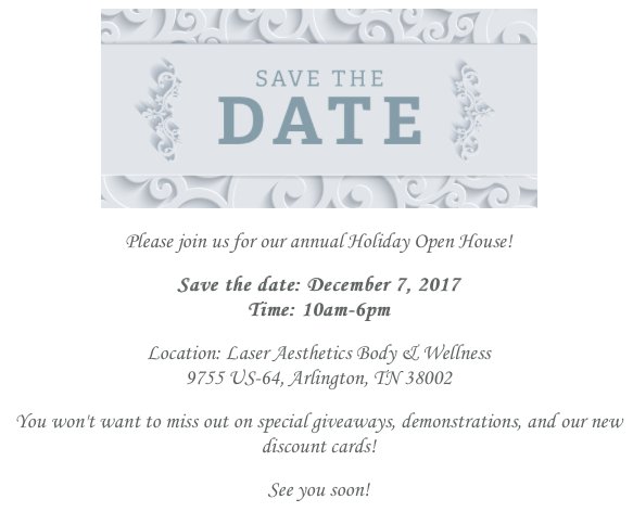 laserabw's tweet image. Mark your calendars, SAVE THE DATE! #HolidayOpenHouse! #LaserAesthetics