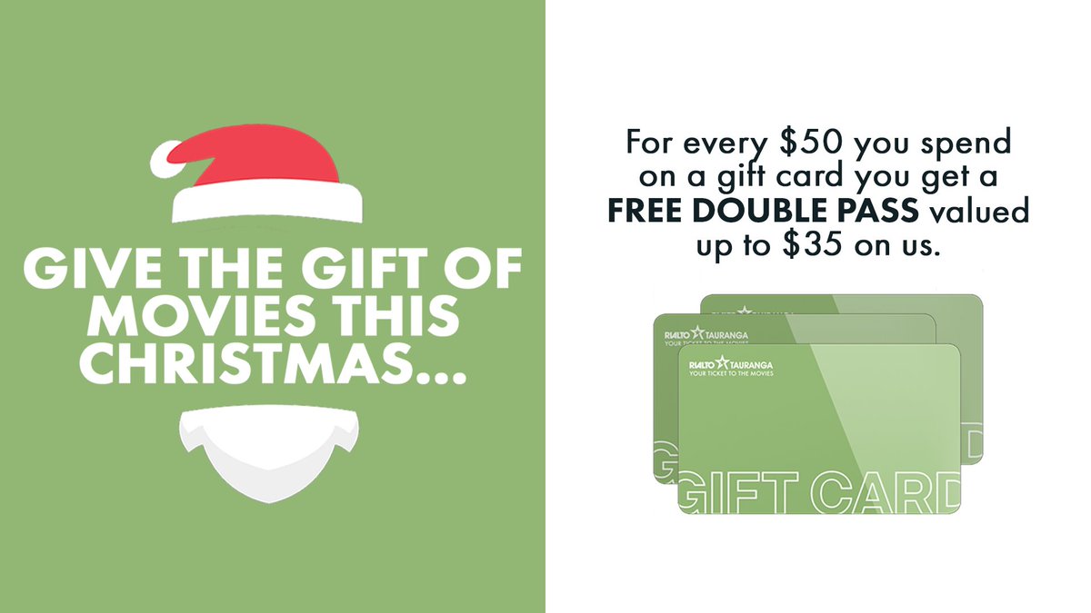 Get free shipping on all Gift Vouchers when buying online at Rialto Tauranga. Plus when you spend over $50 receive a gift of a complementary double passes to Rialto. Get your Christmas shopping done and dusted early with the gift of movies. ow.ly/GDfj30gVtx9