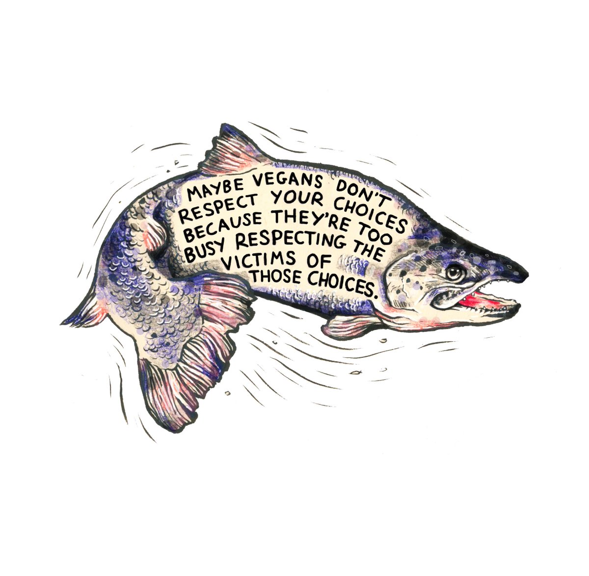 KatePow3ll's tweet photo. @Tomleewalker 4th sticker design!

this one is a lot more simple &amp; to-the-point.

I decided to draw a fish because so often when we talk about victims of animal abuse we imagine dogs, pigs &amp; other more traditionally "cute" animals.

Animals don't have to be "cute" for us to respect them!

4/10 https://t.co/W5X0jlf5ve