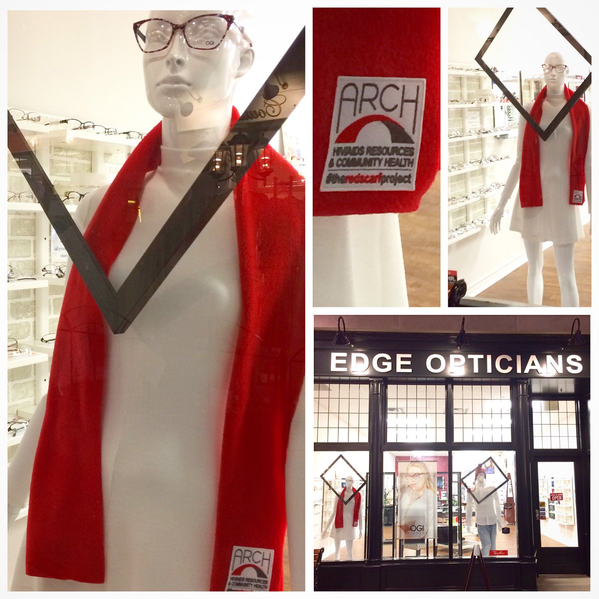 ARCHGuelph's tweet photo. A huge thank you to @EdgeOpticians for supporting #TheRedScarfProject. We loves the frames and your commitment to stopping HIV stigma! @DowntownGuelph https://t.co/GdvN3G6dQx