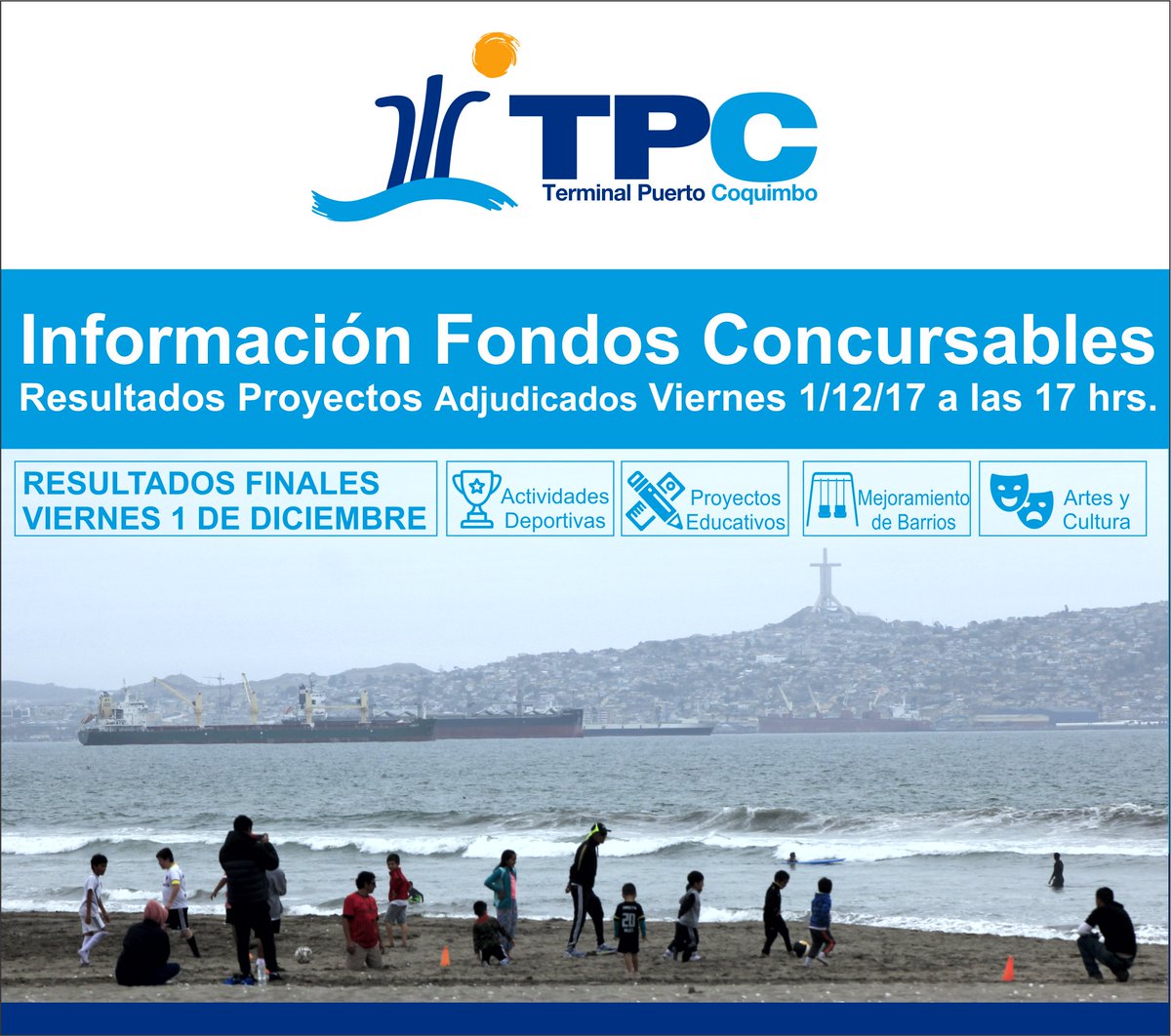 TPCCoquimbo's tweet photo. #TPCInforma
Fondos Concursables TPC.
Mañana Viernes 1 de diciembre, a las 17 hrs., informaremos los resultados de los proyectos adjudicados. #SomosTPC #CoquimboPuertoLindo https://t.co/DoBFeqiajq