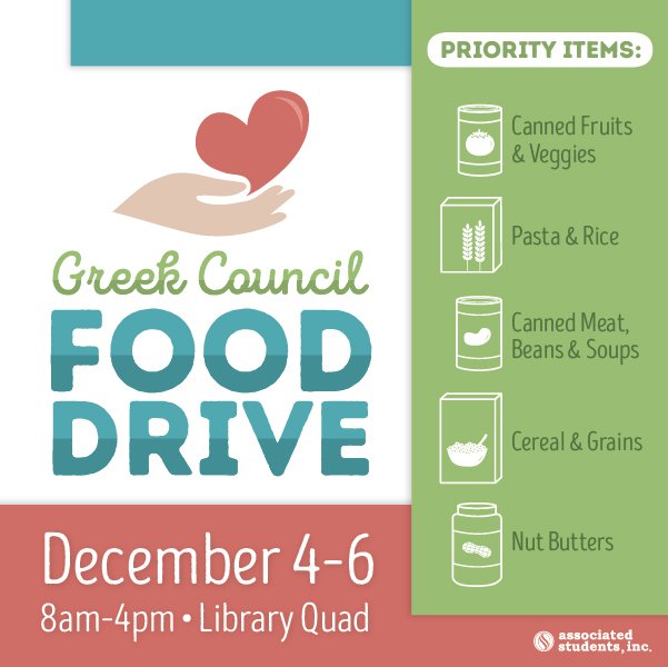 The giving never stops!! Donate to the Greek Council Food Drive from Monday, December 4 through Wednesday, December 6!🎉🤗