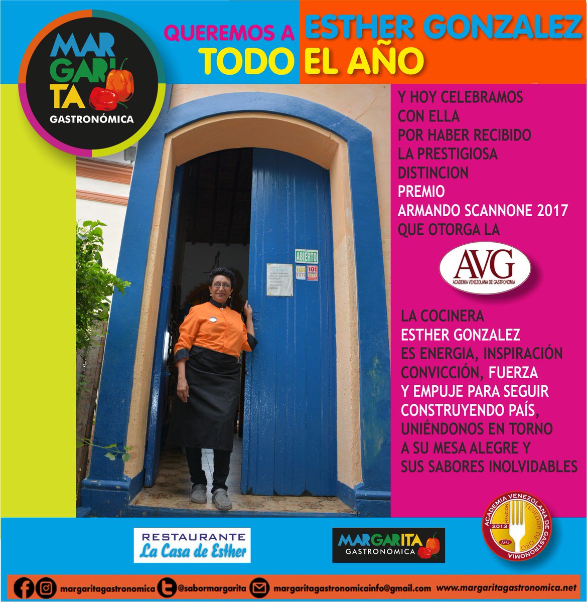 SaborMargarita's tweet photo. En nuestra web nota completa con lista de ganadores premios TENEDOR DE ORO 2017 de @AVGorgVE Entre ellos #EstherGonzalez de @lacasadeesther se lleva Premio Armando Scannone 

https://t.co/sRYMUrQ1Tx https://t.co/dPGfo4ljRe