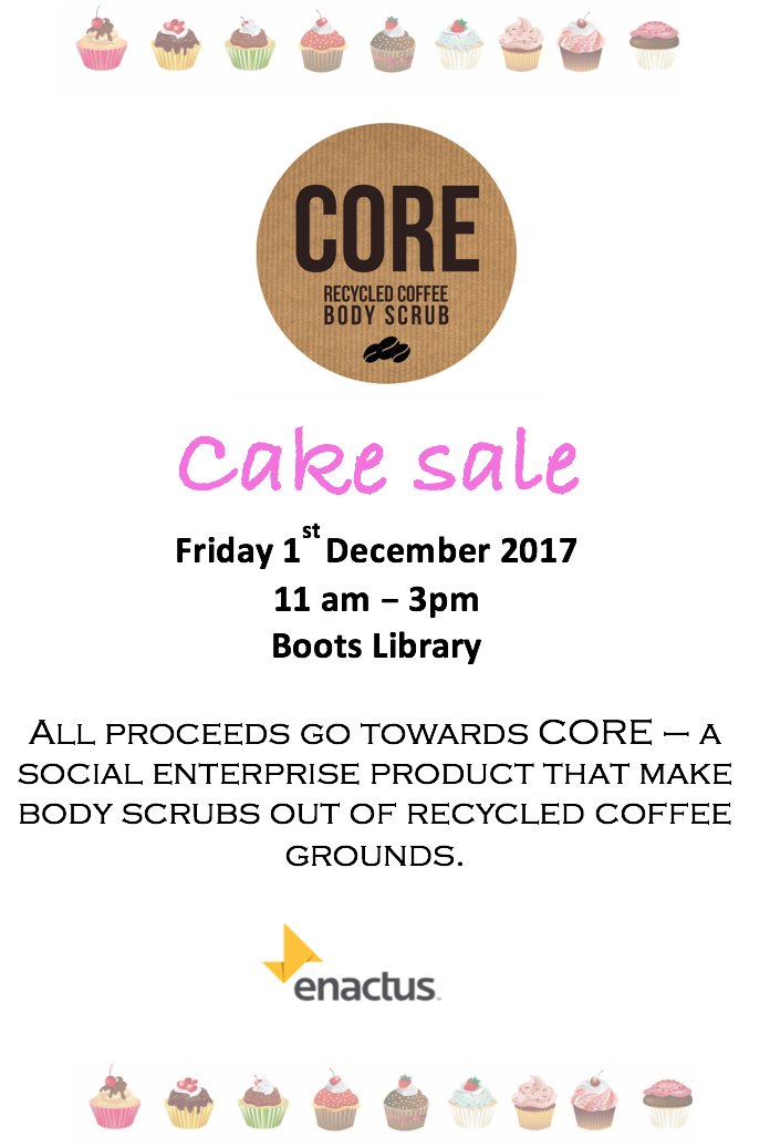 EnactusCORE's tweet photo. Just a few hours left until our first event of the year. Come see us at the Boots library and grab yourself a cheeky treat. All proceed go towards CORE #enactusuk #enactusntu https://t.co/l8mcfd4z83