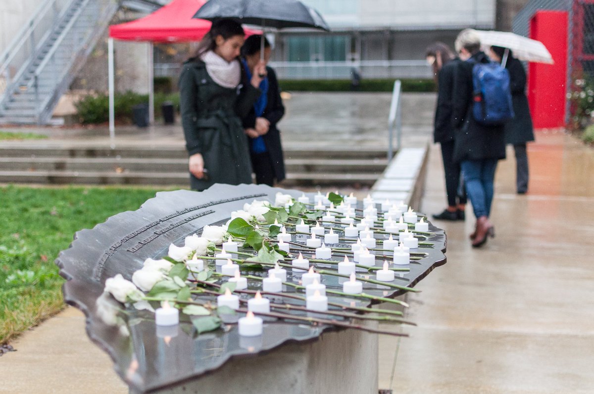 UBC's tweet photo. Yesterday, the #UBC community gathered for a vigil and memorial in remembrance of the 14 women killed on December 6, 1989 at an engineering class at l’École Polytechnique de Montréal. @EquityUBCV @ubcengineering @WiEUBC @UBCEngineers https://t.co/jNtIBUWs4D