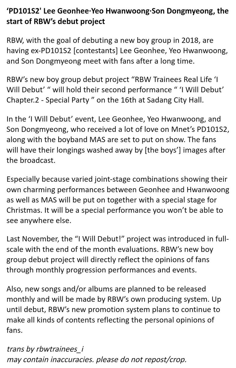 edelwexs's tweet photo. RT rbwtrainees_i: [ARTICLE TRANS] the start of RBW's debut project 
"RBW will debut new boygroup in 2018, new songs planned to be released monthly up until debut as well as continued content made with the opinions of fans"

#rbwboyz #rbwboyz #rbwtrainees… https://t.co/3WdjR7agDs