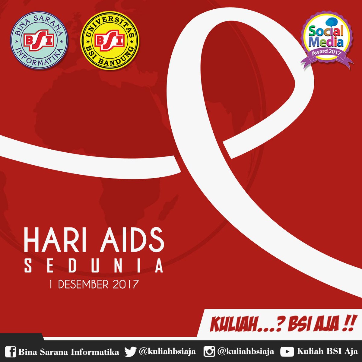 Selamat pagi, Sobat BSI. Tahukah kalian, tanggal 1 Desember 2017 diperingati sebagai Hari AIDS sedunia.
#kuliahbsiaja