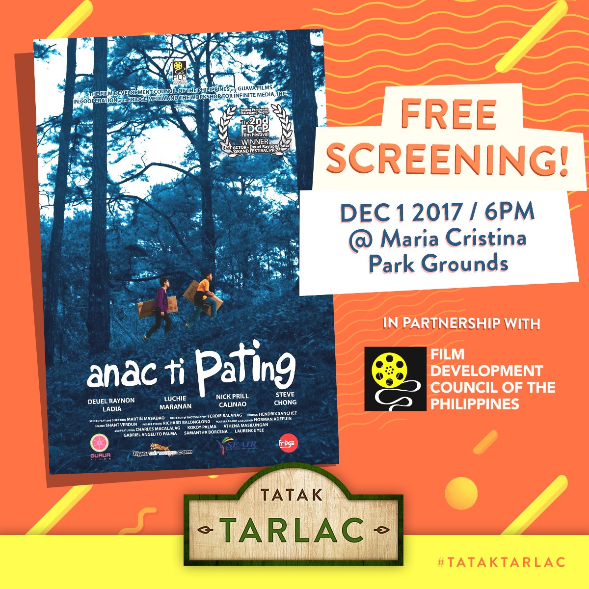 mykapalaran's tweet photo. Friday is FREE FILM Screening day (6PM) sa Maria Cristina Park Grounds, Tarlac!

Hatid ng #TatakTarlac in partnership with @FDCPH 😊

See you there! https://t.co/NGbdqPbBBV