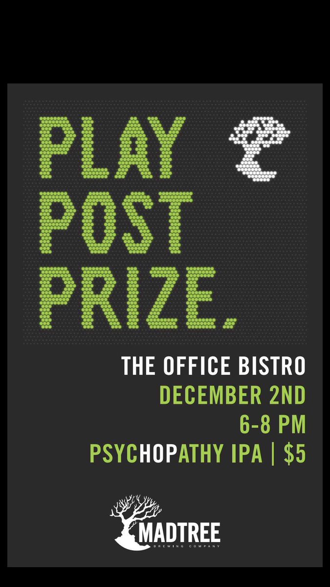 PLAY. POST. PRIZE! 
<a href="/madtreebrewing/">MadTree Brewing</a> and <a href="/theofficebistro/">The Office Bistro</a> are coming together for the debut of their new Trust Your Senses Program featuring their new light brights! You won’t want to miss this! 🌲
