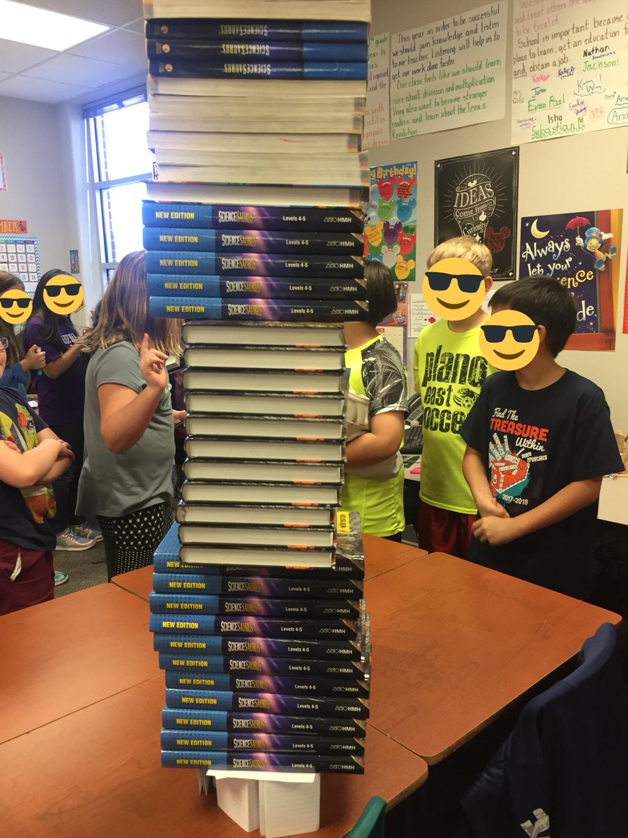 MrsCellaMGE's tweet photo. Today students were tasked with building a structure that could hold up a textbook using only index cards. This group had 36 textbooks on top of their structure. 

(no children were harmed in the collapse of this tower 😎) https://t.co/XR6uCVAKsW