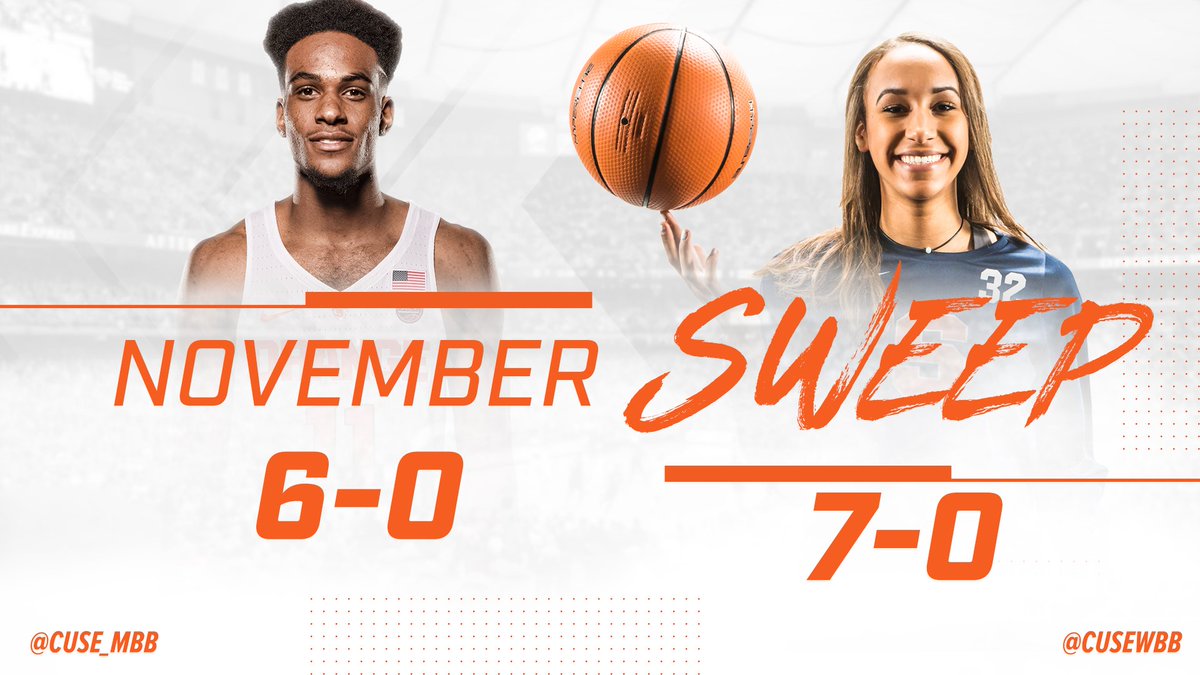 Cuse's tweet photo. With tonight's @CuseWBB win, both @Cuse_MBB and the women go undefeated in November. 'Cuse is 1-of-5 schools with both programs undefeated. https://t.co/2g3N2BTEaz