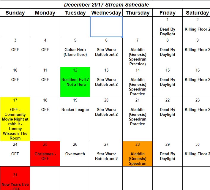 xXJAK21Xx's tweet photo. Just completed my #Twitch #Stream #Schedule for the month of #December. Check it out! #AladdinGenesis #Speedrun #Battlefront2 #Killingfloor2 #DeadbyDaylight #CloneHero #Overwatch #NotAHero #RocketLeague #Overwatch #TheRoom https://t.co/RsQIksAkTm