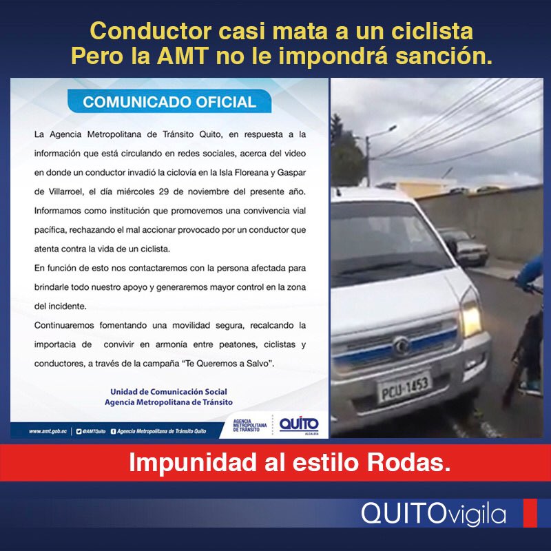 QuitoVigila's tweet photo. ¿Querías ver sancionado al desadaptado que casi mata a un ciclista? Pues tendrás que aguantarte las ganas. La @AMTQuito de Rodas se hace la tonta y cierra el tema. Total, "ciclista no más es". #QuitoInfernal https://t.co/y8jVsZ652q