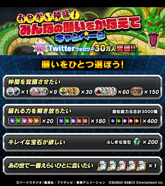 ドラゴンボールz ドッカンバトル 公式 おねがい神龍 みんなの願いをかなえてキャンペーン 神龍へのお願いの内容詳細はこちら 投票数が最も多かった願いを神龍が叶えてくれる 投票はこちらから T Co 5myahit0mq ドッカンバトル ドラゴンボールz ドッカンバトル 公式 おねがい神龍 みんなの願いをかなえてキャンペーン 神龍へのお願いの内容詳細はこちら 投票数が最も多かった願いを神龍が叶えてくれる 投票はこちらから T Co 5myahit0mq ドッカンバトル