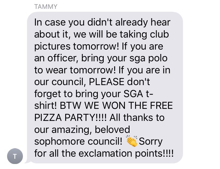 From the Sophomore President herself, announcing that student council pictures will be tomorrow during 5th period. See Mrs. Phillips for your pass!!!!