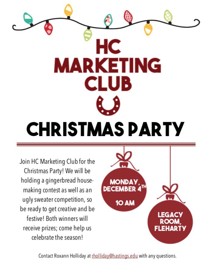 HCMarketingClub's tweet photo. Join us for our Ugly Sweater Christmas party on Monday! 🎄🎉 There will be FREE pizza and gingerbread houses to decorate! 🍕 See you there! https://t.co/xH23ZL8EPY