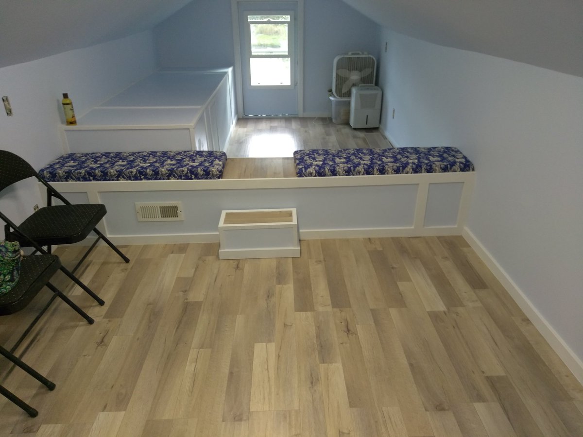 ProblemSolvedWa's tweet image. Attic renovation. Walls, floors, custom bench, and inlaid steps.