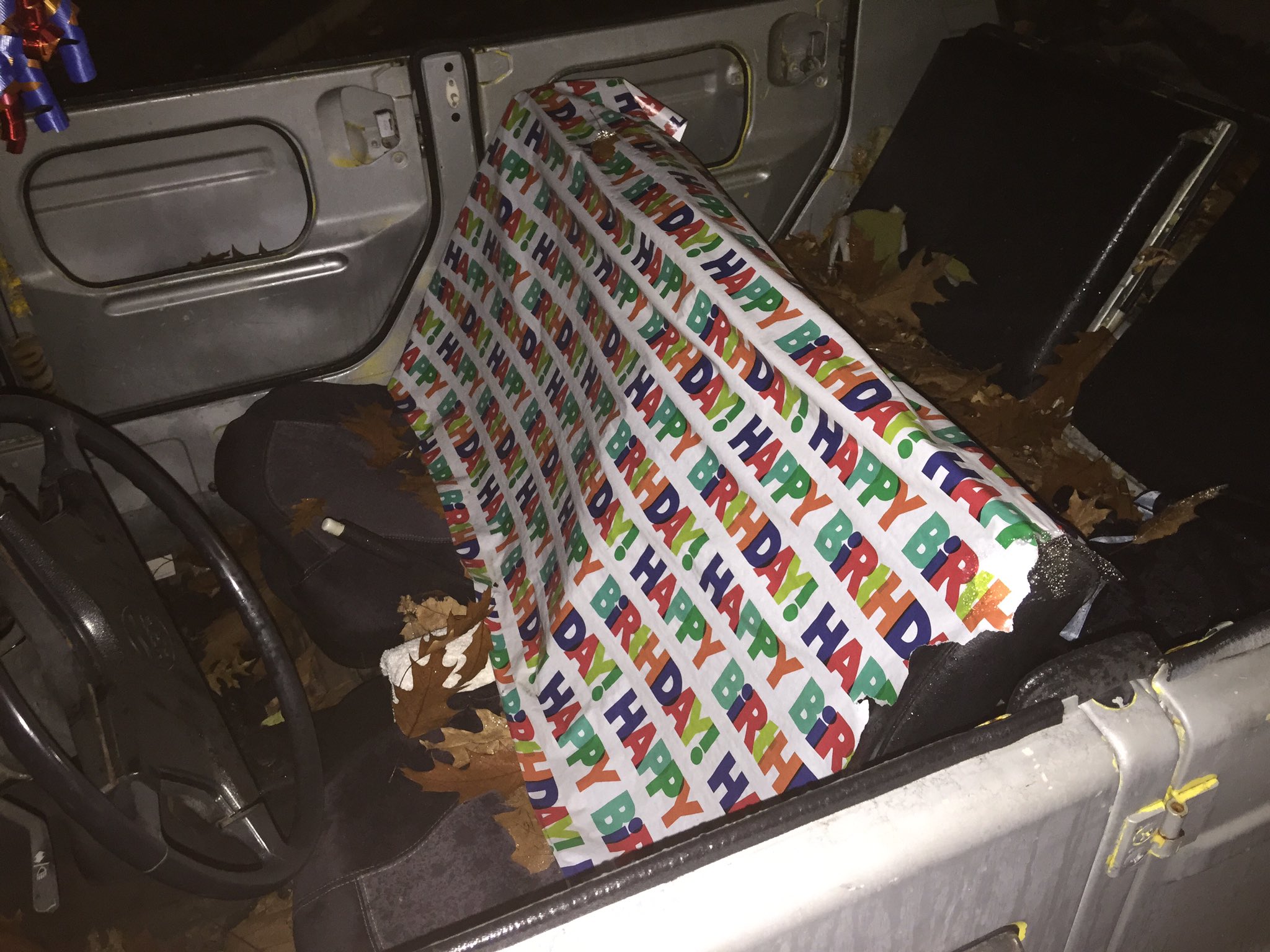 Somebody decorated Richard Burr\s Thing with Happy Birthday party trimmings 