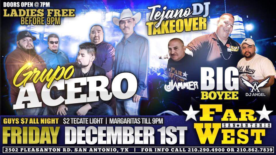 BiggBoyee's tweet photo. Table Reservations at 210-294-4900 or 210-862-7839 #TejanoDJTakeOver #ViewAndCheckIn cuz I'LL be in The Mix & #DjAngel #DjJammer will #TearUpTheTables #CheckOutLIVE #GrupoAcero #FarWestFridays. https://t.co/flFIqwrGce