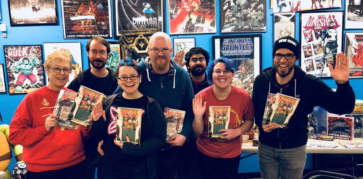 ComicBookShopDE's tweet photo. Our Book Club family had some deep discussions about humanity, possibility, and narration boxes re: the Eisner Award-winning THE VISION! #synthezoid #family #lotsofdeath #theyseemednice https://t.co/9MxXz5s6L5