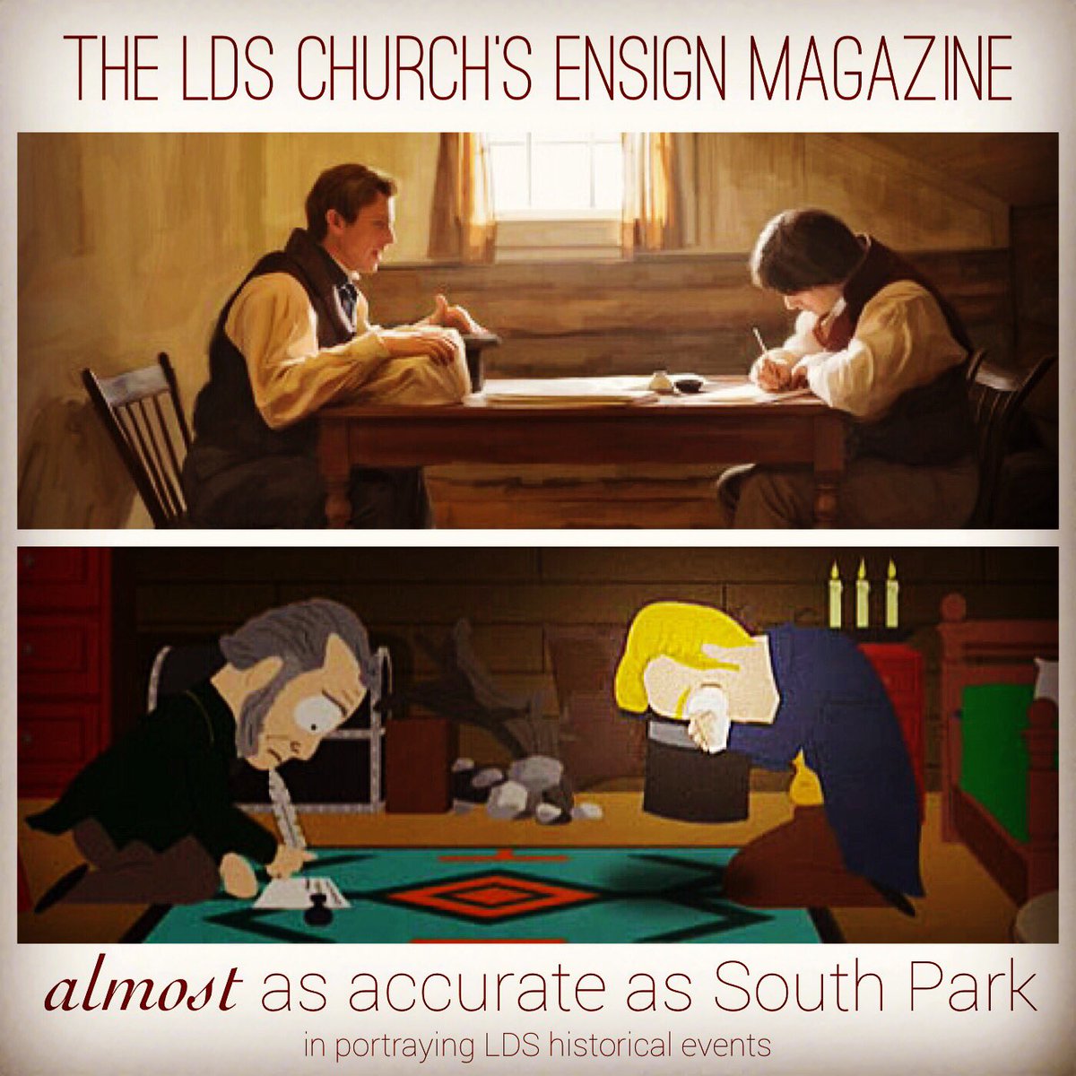 The LDS church is finally publishing imagery of a hat near at hand during the Book of Mormon translation process. Is underwhelmed a word?
