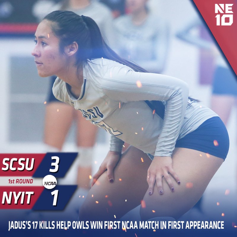 NCAA Volleyball - 1st Round:
Owls win! <a href="/SCSU_Owls/">SCSU Athletics</a> defeats NYIT in front of tremendous crowd for first-ever NCAA Tournament win in first-ever tournament appearance! 

#NE10EMBRACE