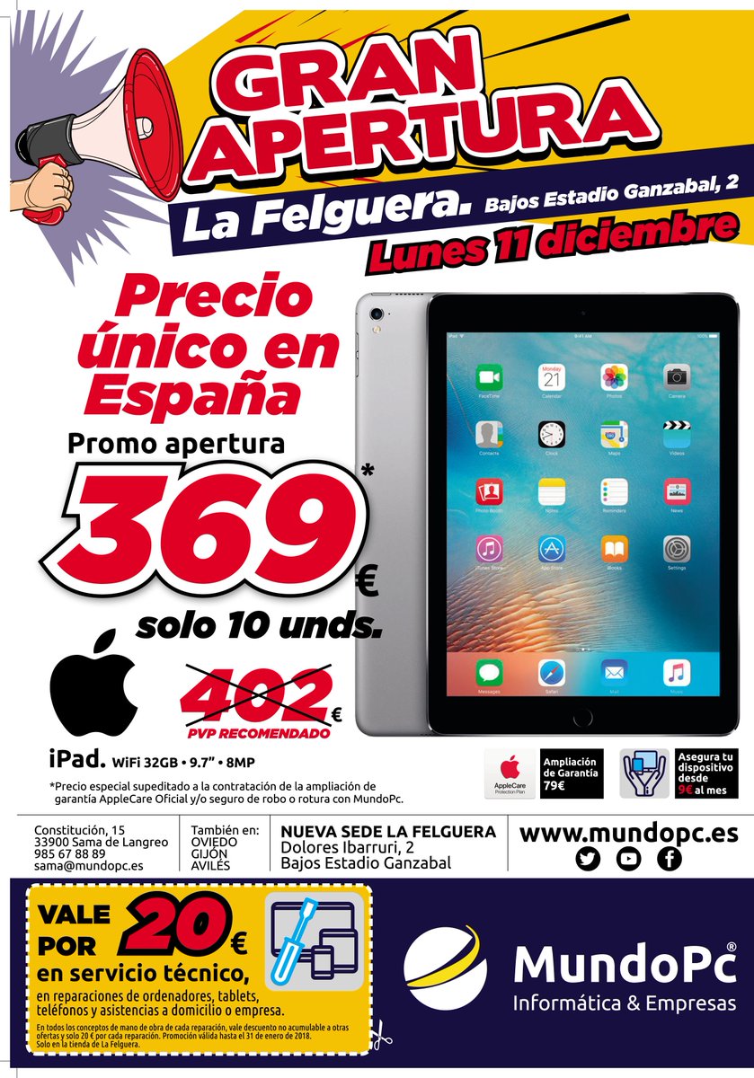 tiendasmundopc's tweet photo. ¡¡El lunes 11 de diciembre abrimos!! Y lo hacemos con Promociones a lo Grande, únicas y exclusivas para el día de apertura 💻📱👌

¡¡En La Felguera. Bajos Estadio Ganzábal, número 2!! #TiendasMundoPC

https://t.co/nTrSvUPMGH https://t.co/pKYiIDLw6R