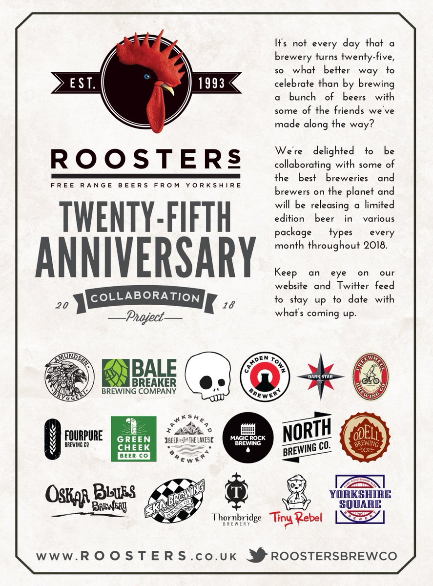 RoostersBrewCo's tweet photo. We're delighted to announce there'll be seventeen of the finest brewers known to man joining us in 2018 for our 25th Anniversary Collaboration Project, including @HawksheadBrewer @BeavertownBeer @MagicRockBrewCo @thornbridge @OdellBrewing @oskarblues @CamdenBrewery @skabrewing https://t.co/zP7L3j9w7x