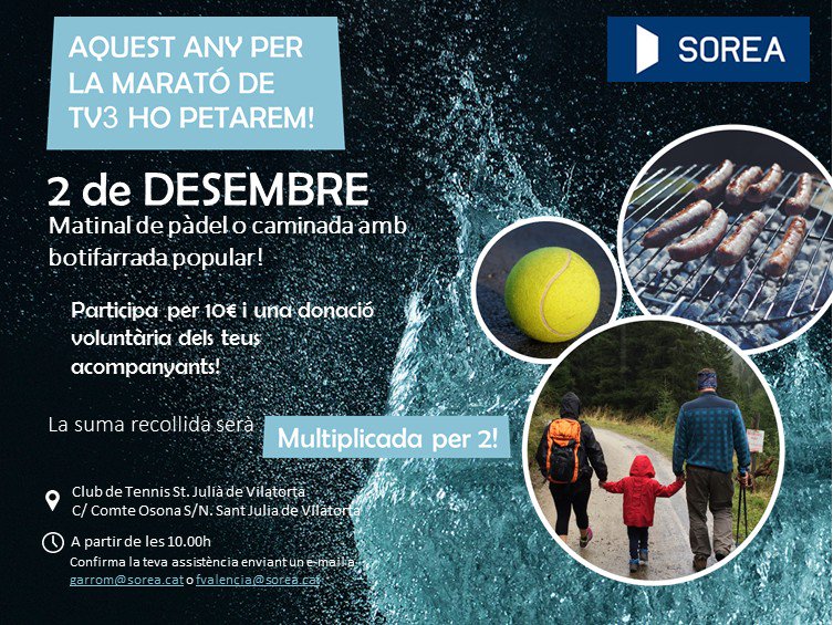 AnnaInfi's tweet photo. Nosaltres també participem amb la #SoreaMaratoTV3 !!! Aquest dissabte botifarrada, caminada i partits de pàdel a la Catalunya Central 💧👪🎾!!! https://t.co/y3PUXWHGab
