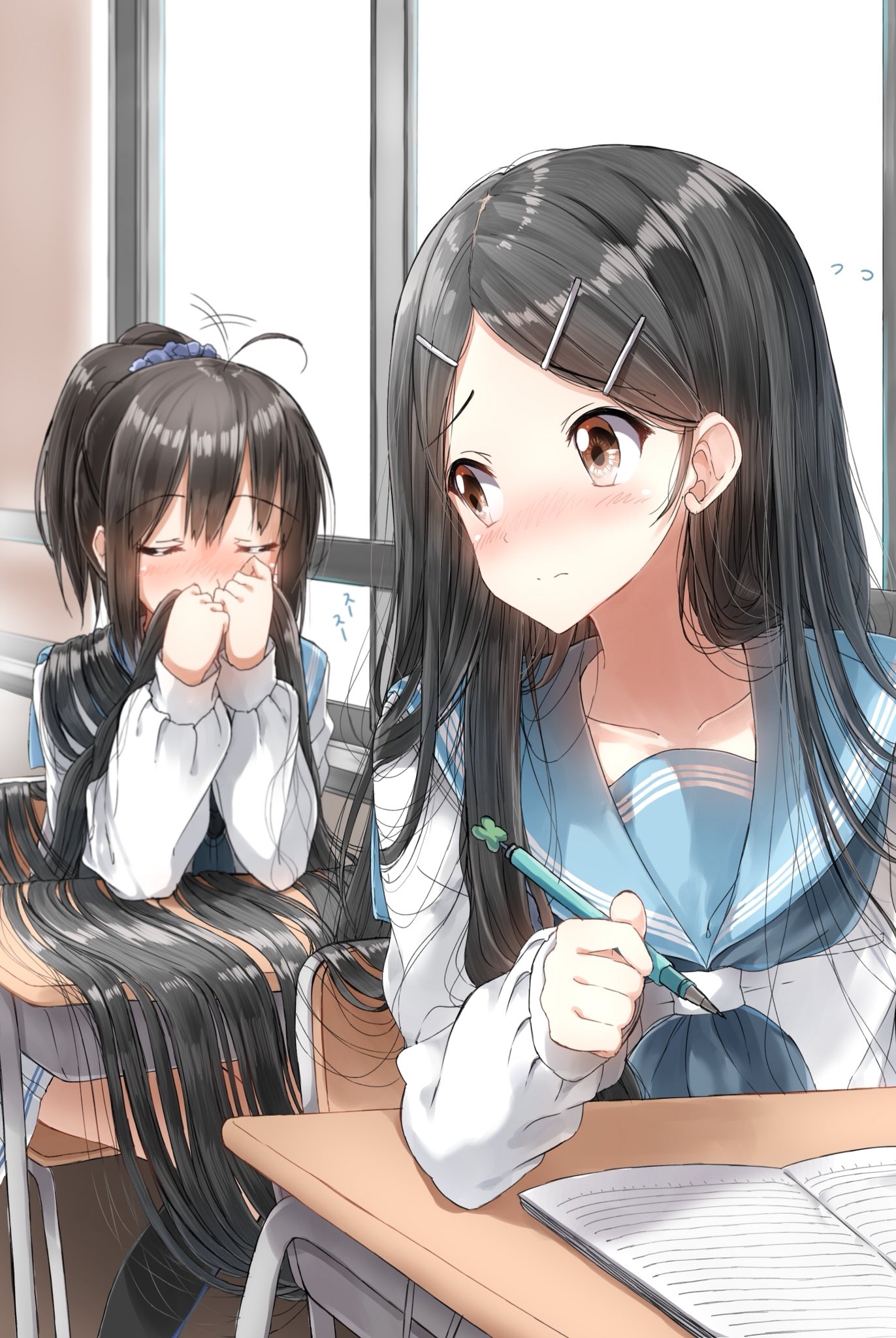 ぺんたごん Gt 超ロングヘアの女の子がクラスの女の子に髪を弄られる様子 お題箱より 筆がのって2枚になりました 前回描いた子で T Co Dtxyflcvwx Twitter