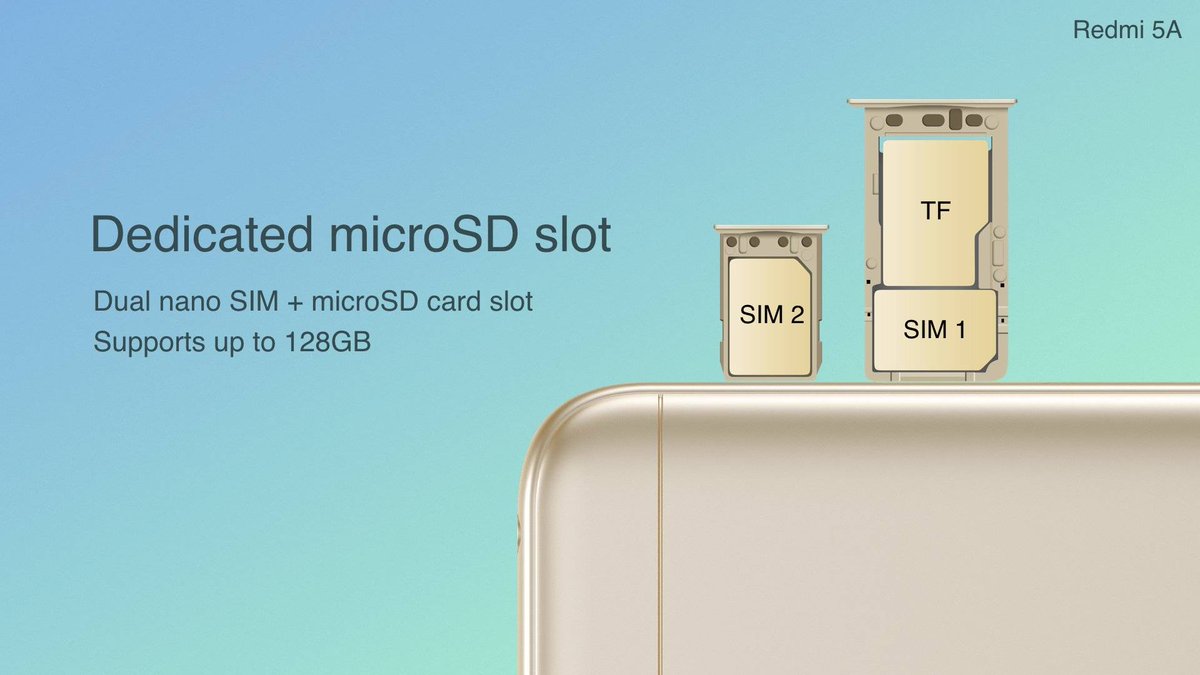 AttaarTelecom's tweet photo. #Redmi5A comes with a 2+1 card slot that supports simultaneous use of two 4G nano SIM cards and a microSD card up to 128GB, a feature customized considering the usage habits of India's Mi Fans.
Designed for India!
#DeshKaSmartphone #Ambikapur #Bhilai #GIONEE #redmiy1 #M7PLUS https://t.co/6uY0ihDhWw