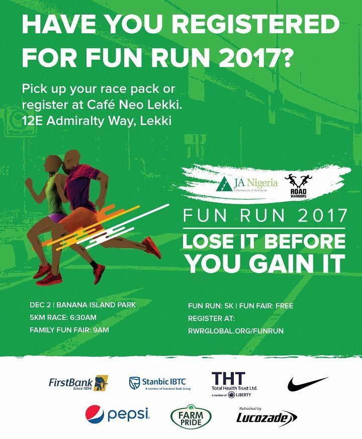 nwabukking's tweet photo. Have you picked your race pack yet?
Have registered yet?
Pick up your race pack or register at Cafe Neo Lekki 12E Admiralty Way Lekki
#rwrules #FUNRUN2017 #Fun #run #Lagos #fitness #family #funfair # https://t.co/ENEfTPDwwr https://t.co/Hhwjs1WI5x
