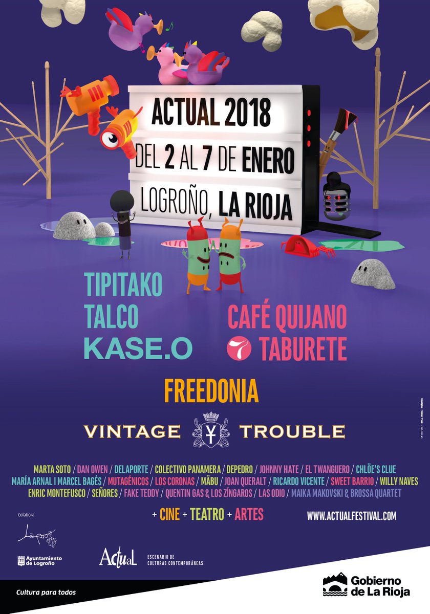 ActualFestival's tweet photo. #Actual18 ▶️ #Música Así queda la distribución por días en los conciertos del Palacio de Deportes.

➡️ 4 de enero: @tipitako, @talcoska y @KaseO_real.
➡️ 5 de enero: @Cafe_Quijano y @taburete89.
➡️ 6 de enero: @FreedoniaSoul y @vintagetrouble.

🎟 https://t.co/pgcRwSBrTU https://t.co/GB54r48qp3
