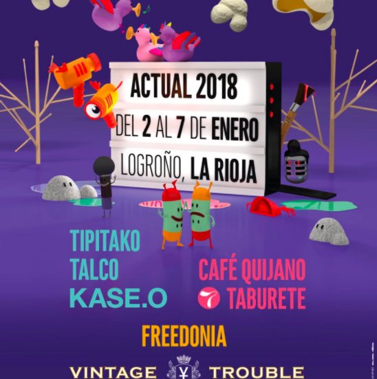 Rioja2's tweet photo. ÚLTIMA HORA: @ActualFestival anuncia por fin sus conciertos. Toma nota 
➡️ 4 de enero: @tipitako, @TalcoSka y @KaseO_real.
➡️ 5 de enero: @Cafe_Quijano y @taburete89.
➡️ 6 de enero: @FreedoniaSoul y @vintagetrouble. https://t.co/oRGJFGe2HV