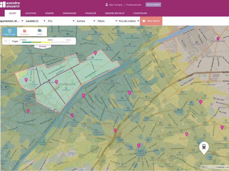 AVendreALouerFr's tweet photo. A vendre A louer est fier de vous annoncer la sortie de son tout nouvel outils de recherche d’annonces immobilières par temps de trajet #innovation #immo #first https://t.co/h0d3kAYrY4