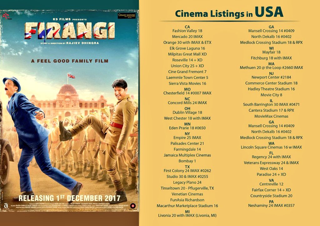 KapilSharmaFan8's tweet photo. Cinema List For USA #Firangi fans go watch it😉 https://t.co/qE4ApJx5W7